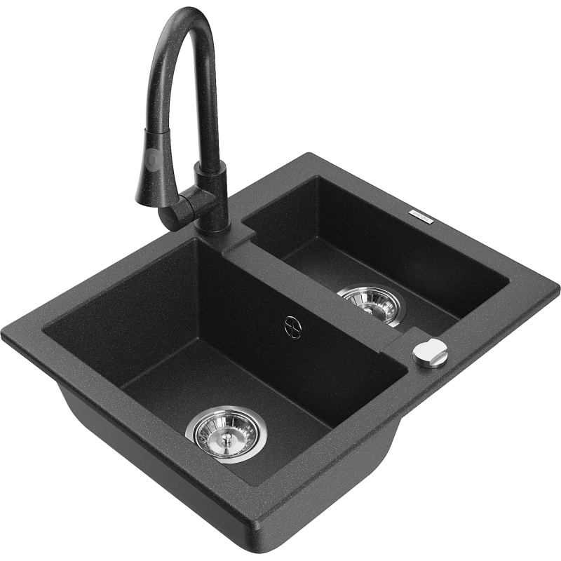Mexen Carlos granite sink 1.5-bowl with Elia kitchen tap, speckled black - 6518-76-670101-76
