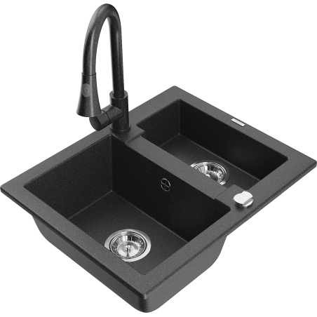 Mexen Carlos granit izlietne ar 1,5 bļodām un virtuves jaucējkrānu Elia, melna ar punktiem - 6518-76-670101-76
