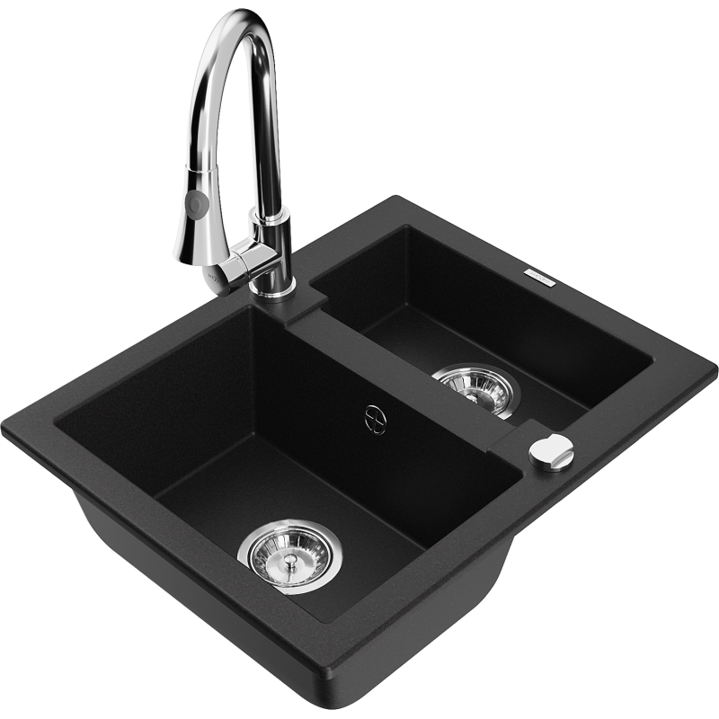 Mexen Carlos fregadero de granito 1,5 senos con grifo de cocina Elia, negro - 6518-77-670101-00