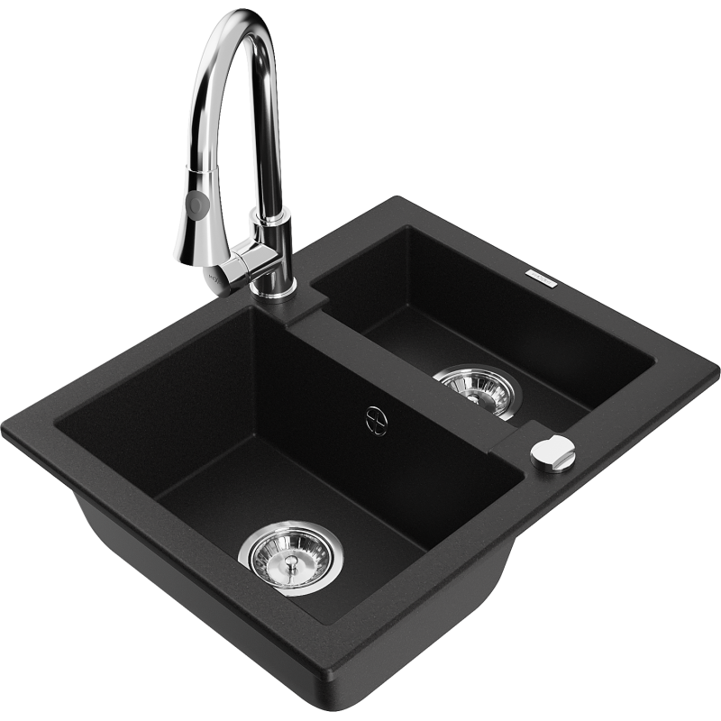 Mexen Carlos Granite Sink 1.5-Bowl with Elia Kitchen Tap, Black - 6518-77-670101-00