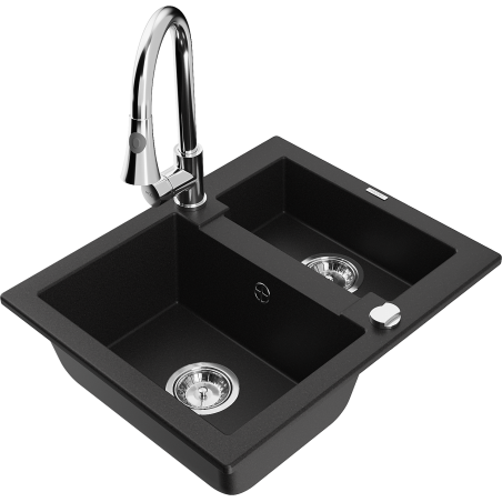 Mexen Carlos fregadero de granito 1,5 senos con grifo de cocina Elia, negro - 6518-77-670101-00