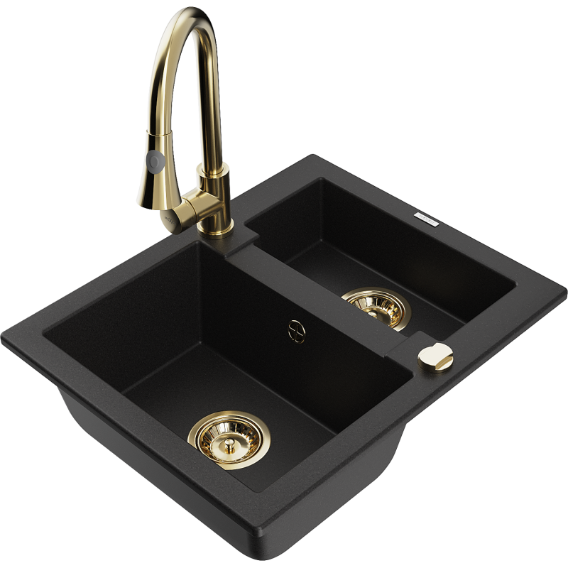 Mexen Carlos fregadero de granito de 1,5 senos con grifo de cocina Elia, negro - 6518-77-670101-50