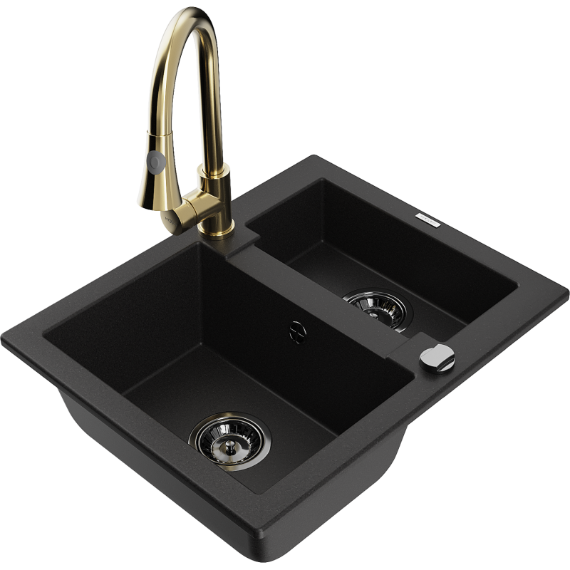 Mexen Carlos fregadero de granito 1,5 senos con grifo de cocina Elia, negro - 6518-77-670101-50-B