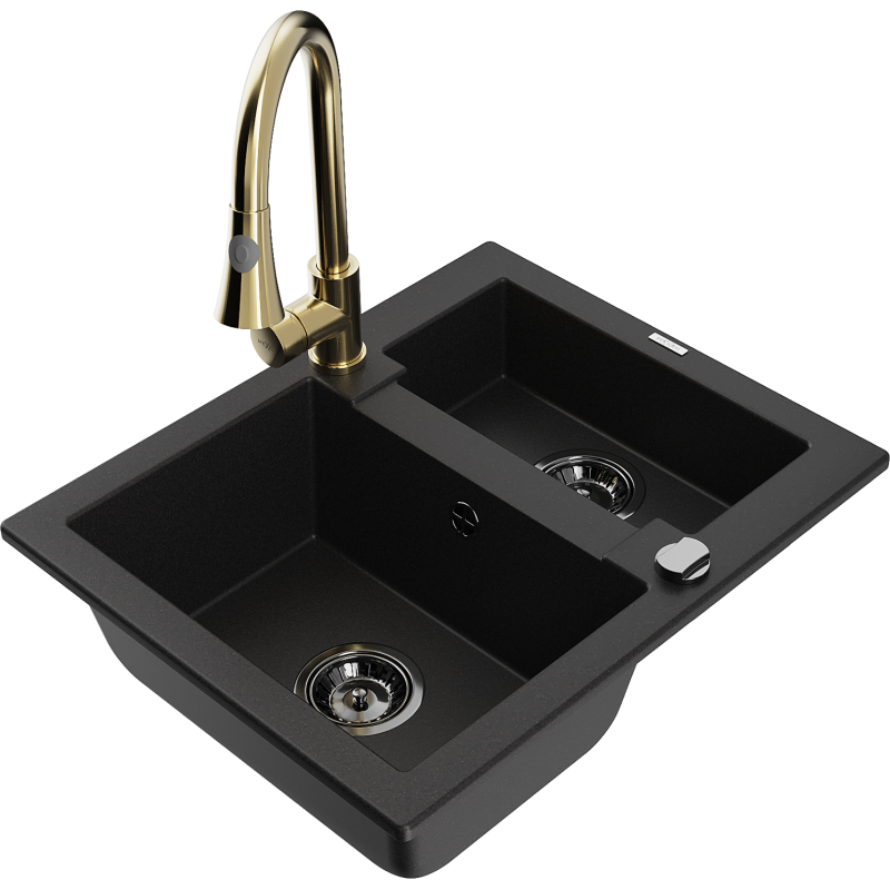 Mexen Carlos granit Ëënnerspullsteen 1,5-Chamber mat Küchesarmatur Elia, schwaarz - 6518-77-670101-50-B