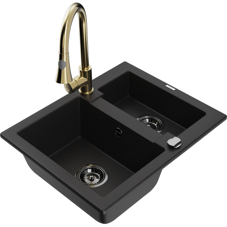 Mexen Carlos granite sink 1.5-bowl with Elia kitchen tap, black - 6518-77-670101-50-B