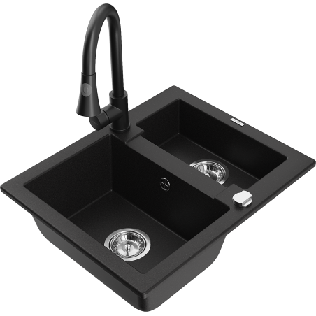 Mexen Carlos granite sink 1.5-bowl with Elia kitchen faucet, black - 6518-77-670101-70