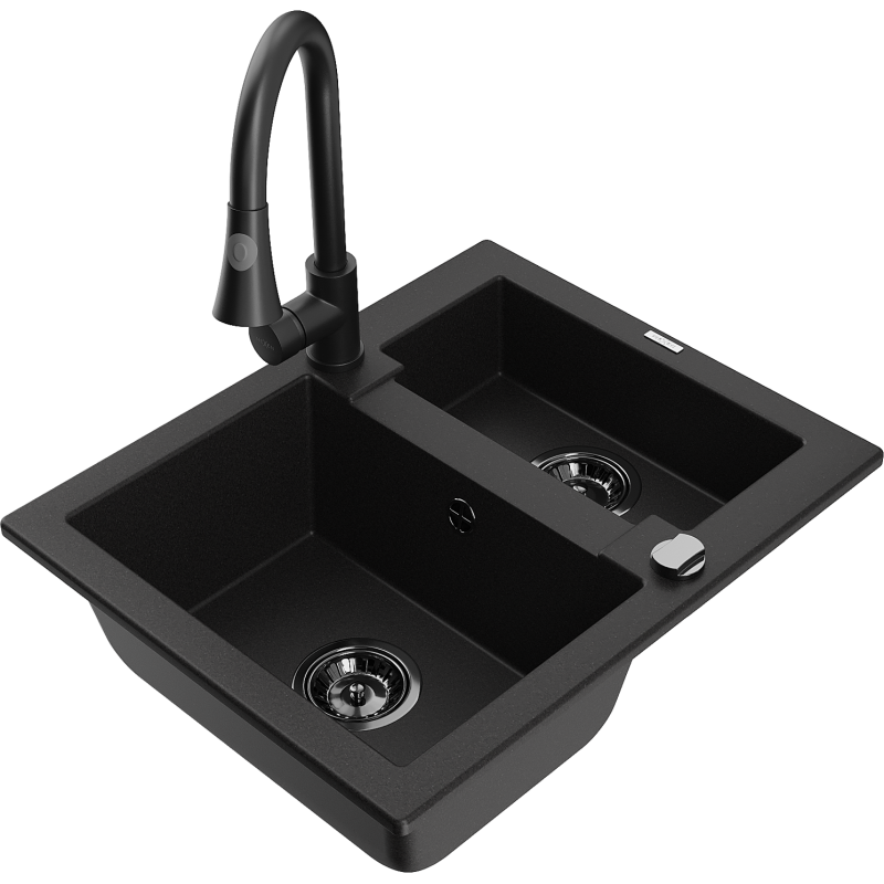 Mexen Carlos fregadero de granito de 1.5 senos con grifo de cocina Elia, negro - 6518-77-670101-70-B