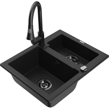 Mexen Carlos granieten spoelbak 1,5-komor met keukenmengkraan Elia, zwart - 6518-77-670101-70-B