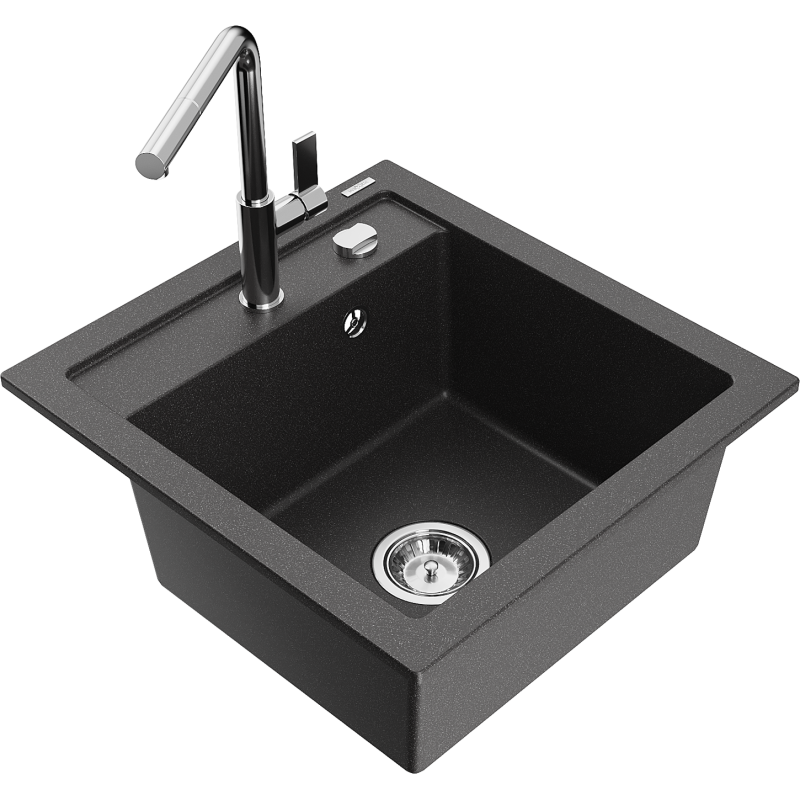 Mexen Vito Granitspüle 1-Becken mit Küchenarmatur Flora, schwarz gesprenkelt - 6503-76-670401-00