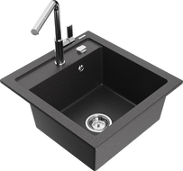 Mexen Vito Granitspüle 1-Becken mit Küchenarmatur Flora, schwarz gesprenkelt - 6503-76-670401-00