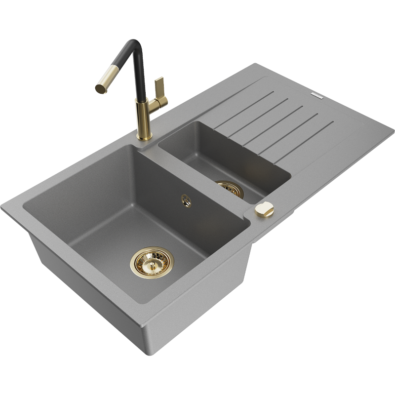 Mexen Matias granite sink 1.5-bowl with drainer and Flora kitchen tap, grey - 6502-71-670401-57-G