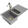 Mexen Matias granite sink 1.5-bowl with drainer and Flora kitchen tap, grey - 6502-71-670401-57-G