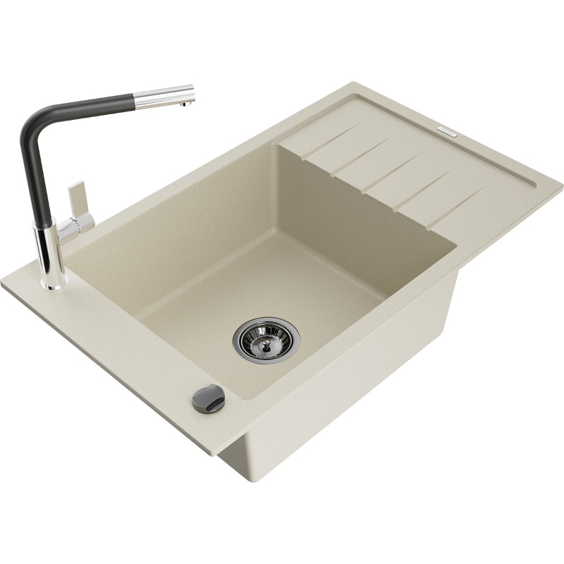 Mexen Elias granitspüle 1-beckig mit abtropffläche und küchenarmatur Flora, beige - 6511-69-670401-07-B