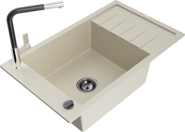 Mexen Elias granieten spoelbak met 1 bak, afdruipplaat en keukenkraan Flora, beige - 6511-69-670401-07-B