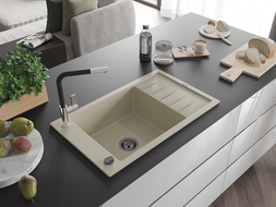 Mexen Elias Granitspüle 1-Becken mit Abtropffläche und Küchenarmatur Flora, beige - 6511-69-670401-07-B