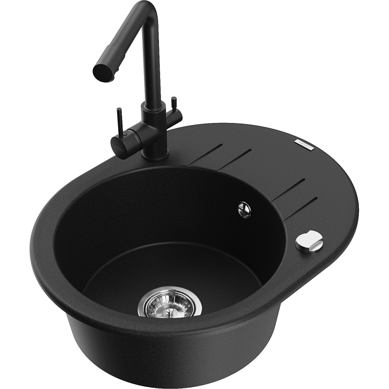 Mexen Kevin fregadero de granito de 1 cubeta con escurridor y grifo de cocina Duero, negro - 6517-77-671600-70