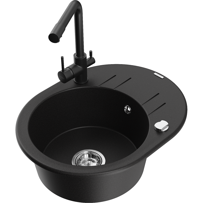 Mexen Kevin Granitspüle 1-beckig mit Abtropffläche und Küchenarmatur Duero, schwarz - 6517-77-671600-70