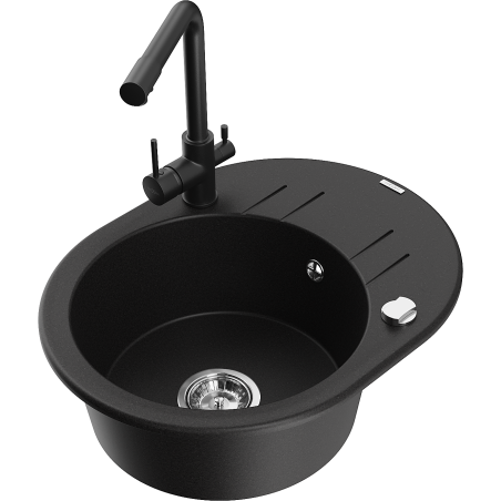 Mexen Kevin évier de cuisine en granit à 1 bac avec égouttoir et mitigeur Duero, noir - 6517-77-671600-70