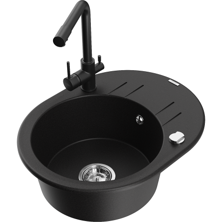 Mexen Kevin Granitspüle 1-beckig mit Abtropffläche und Küchenarmatur Duero, schwarz - 6517-77-671600-70