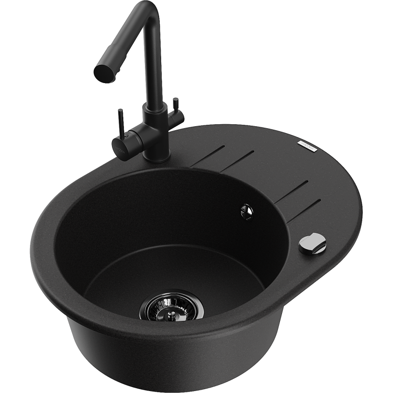 Mexen Kevin fregadero de granito de 1 cubeta con escurridor y grifo de cocina Duero, negro - 6517-77-671600-70-B