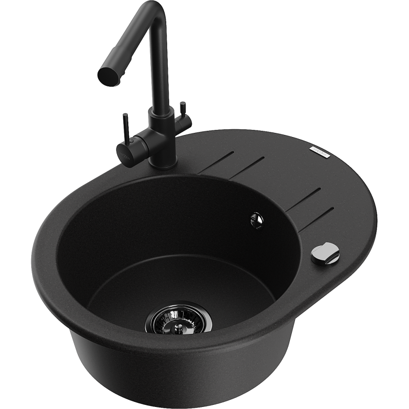 Mexen Kevin granite sink, 1-bowl with drainer and Duero kitchen tap, black - 6517-77-671600-70-B