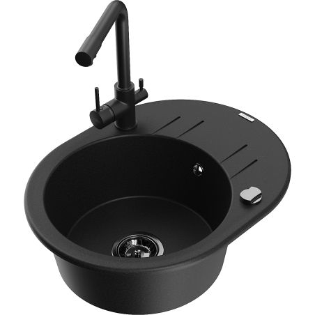 Mexen Kevin 1-bowl granite sink with drainer and Duero kitchen faucet, black - 6517-77-671600-70-B