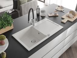 Mexen Leo fregadero de granito de 1 cuenco con escurridor y grifo de cocina Duo, blanco - 6501-20-671701-07