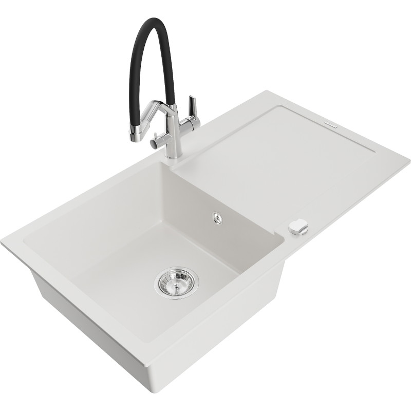 Mexen Leo fregadero de granito de 1 cubeta con escurridor y grifo de cocina Duo, blanco - 6501-20-671701-07