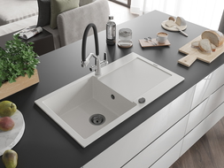 Mexen Leo lavello in granito a 1 vasca con scolapiatti e miscelatore cucina Duo, bianco - 6501-20-671701-07-B