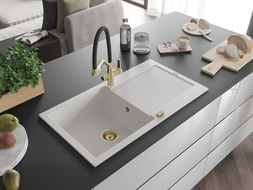 Mexen Leo granite sink 1-bowl with drainer and Duo kitchen tap, white - 6501-20-671701-57-G