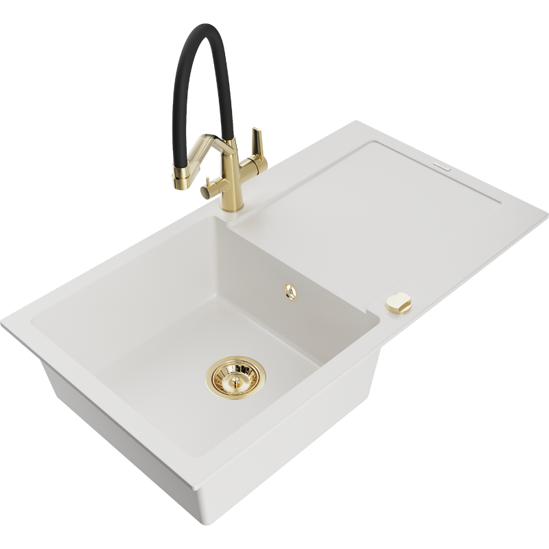 Mexen Leo lava-louça em granito de uma bacia com escorredor e torneira de cozinha Duo, branco - 6501-20-671701-57-G