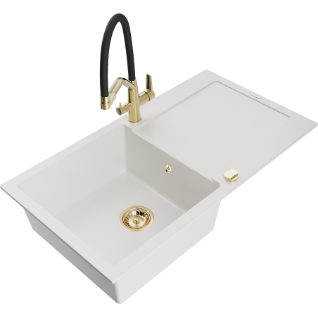 Mexen Leo fregadero de granito de 1 seno con escurridor y grifo de cocina Duo, blanco - 6501-20-671701-57-G