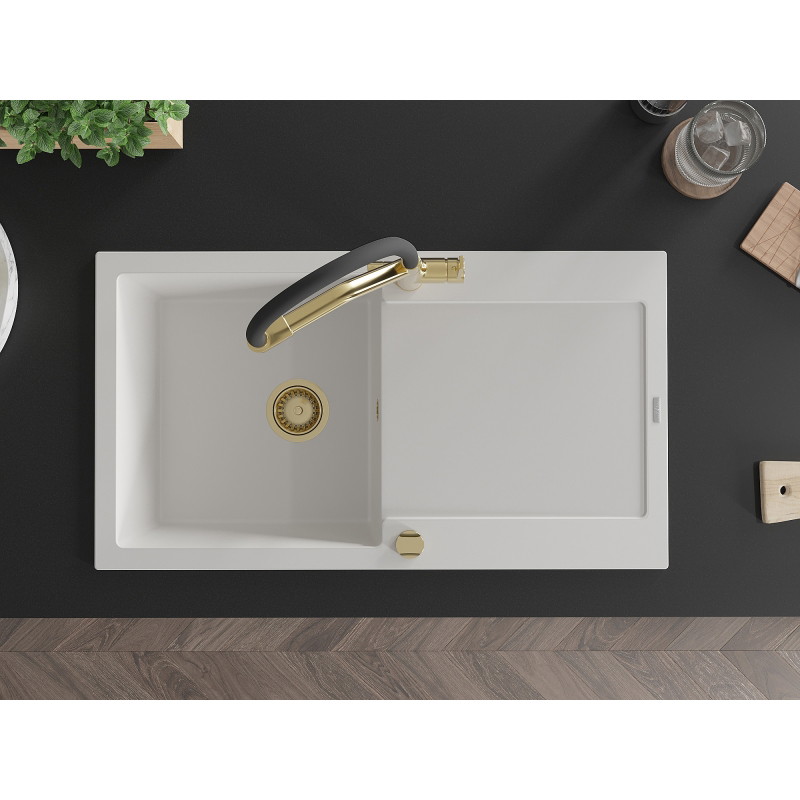 Mexen Leo fregadero de granito de 1 seno con escurridor y grifo de cocina Duo, blanco - 6501-20-671701-57-G
