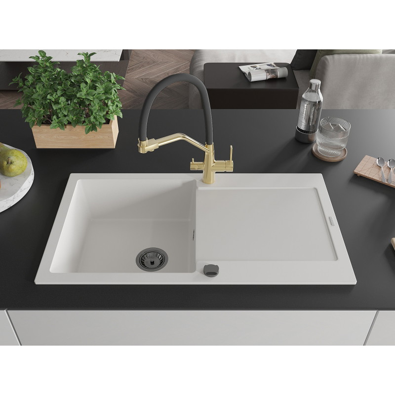 Mexen Leo granitais izlietne ar vienu bļodu, noteku un virtuves jaucējkrānu Duo, balta - 6501-20-671701-57-B