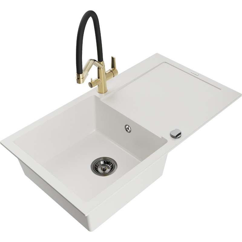 Mexen Leo fregadero de granito de 1 seno con escurridor y grifo de cocina Duo, blanco - 6501-20-671701-57-B