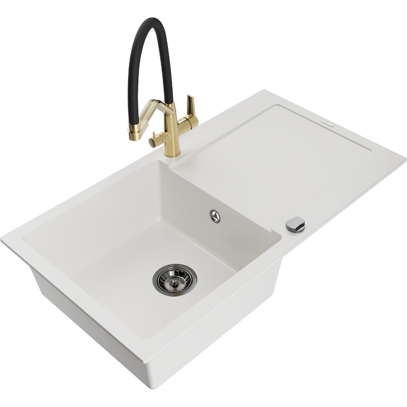 Mexen Leo single-bowl granite sink with drainer and Duo kitchen tap, white - 6501-20-671701-57-B