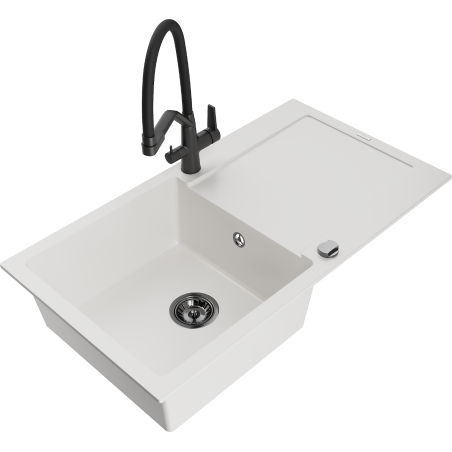 Mexen Leo granite sink 1-bowl with drainer and Duo kitchen tap, white - 6501-20-671701-70-B