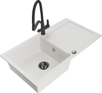Mexen Leo fregadero de granito de 1 compartimento con escurridor y grifo de cocina Duo, blanco - 6501-20-671701-70-B
