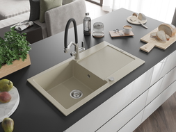 Mexen Leo granite sink 1-bowl with drainer and Duo kitchen tap, beige - 6501-69-671701-07