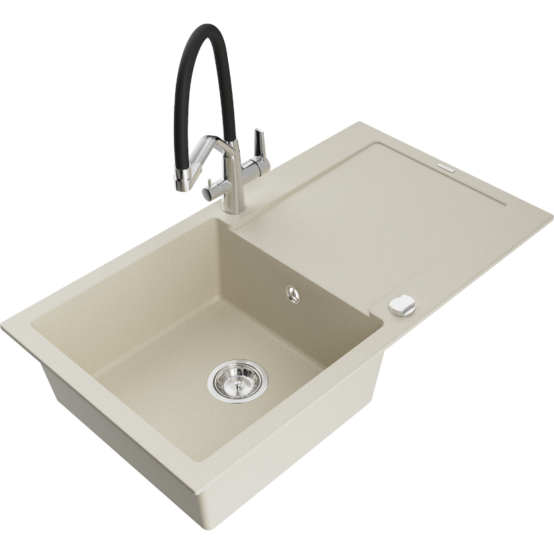 Mexen Leo granitdiskbänk med 1 fack, avrinning och Duo köksblandare, beige - 6501-69-671701-07