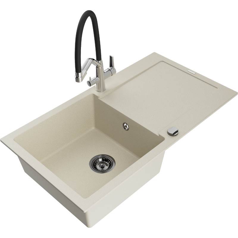 Mexen Leo lava-louça de granito de 1 cuba com escorredor e torneira de cozinha Duo, bege - 6501-69-671701-07-B