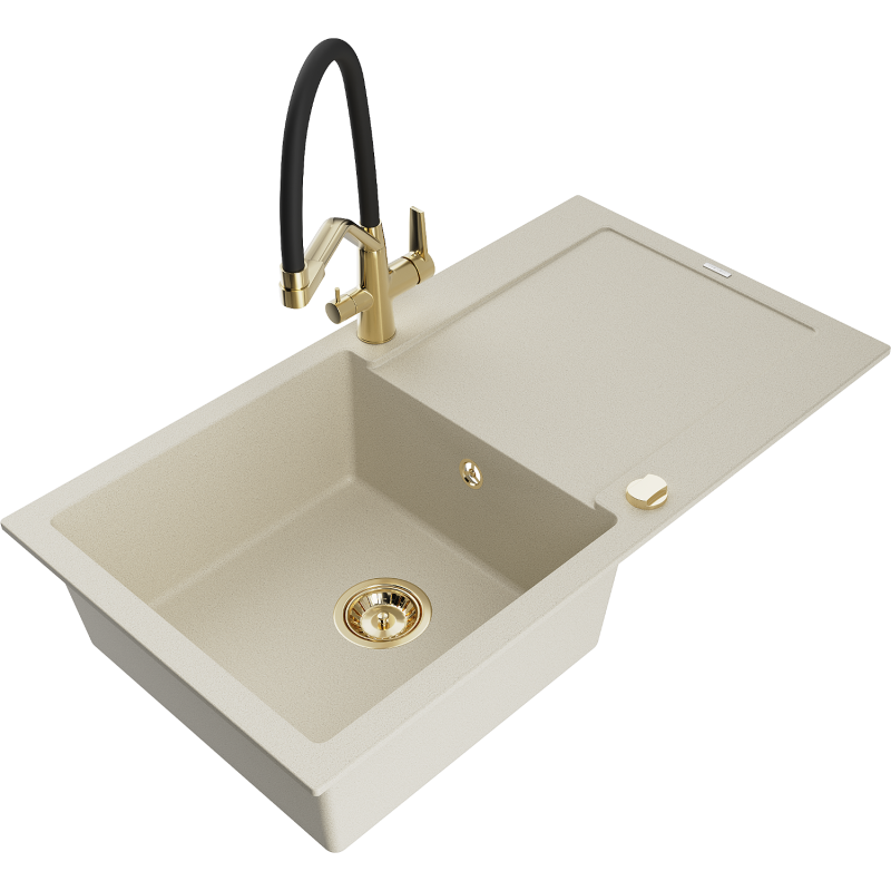 Mexen Leo lavello in granito 1 vasca con scolapiatti e rubinetto Duo, beige - 6501-69-671701-57-G