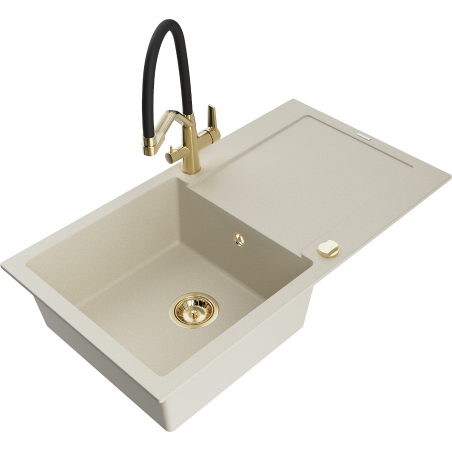 Mexen Leo lavello in granito 1 vasca con scolapiatti e rubinetto Duo, beige - 6501-69-671701-57-G