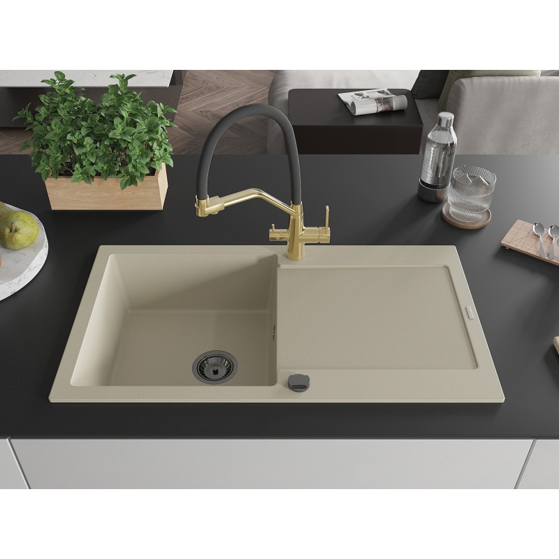 Mexen Leo Granitspüle 1-Becken mit Abtropffläche und Küchenarmatur Duo, beige - 6501-69-671701-57-B