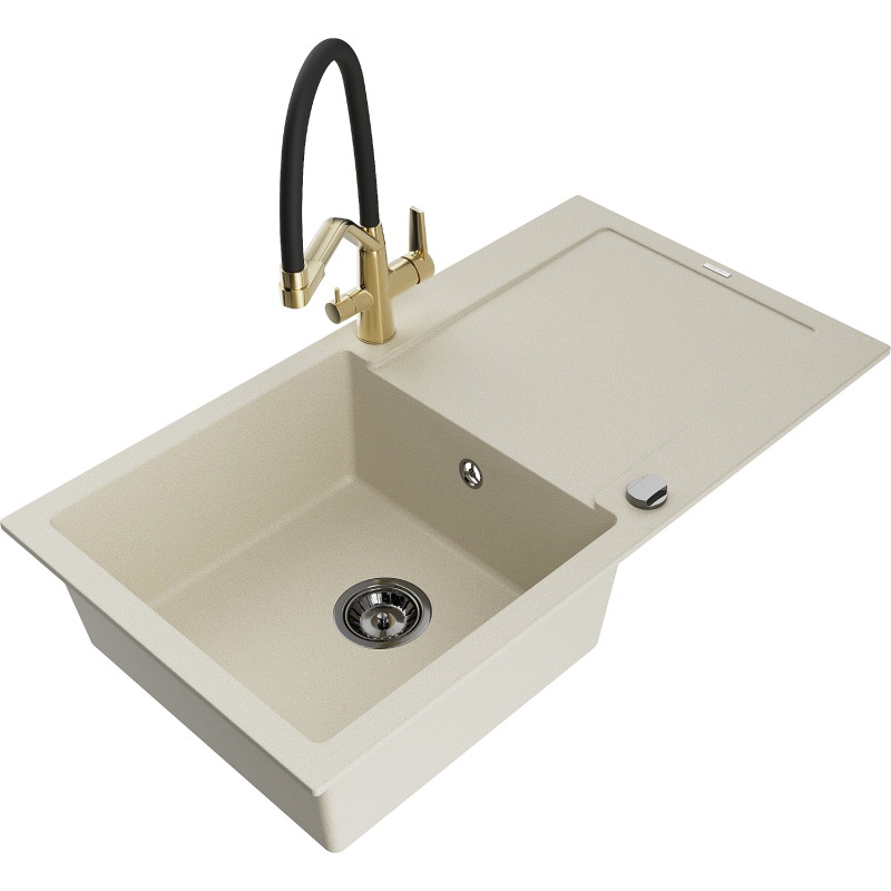 Mexen Leo granieten gootsteen 1-kompartment met afdruiprek en keukenkraan Duo, beige - 6501-69-671701-57-B