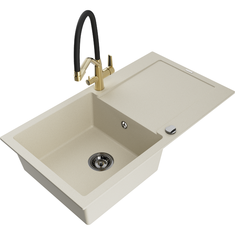 Mexen Leo lavello in granito 1-vasca con sgocciolatoio e miscelatore cucina Duo, beige - 6501-69-671701-57-B