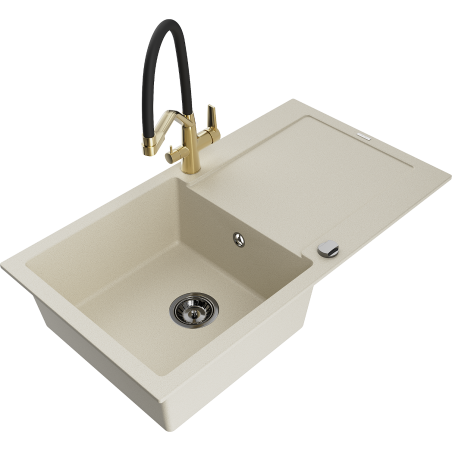 Mexen Leo granite sink 1-bowl with drainer and Duo kitchen tap, beige - 6501-69-671701-57-B