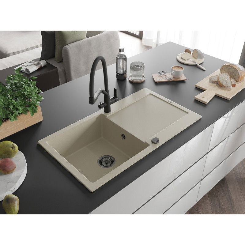 Mexen Leo fregadero de granito de 1 seno con escurridor y grifo de cocina Duo, beige - 6501-69-671701-70-B