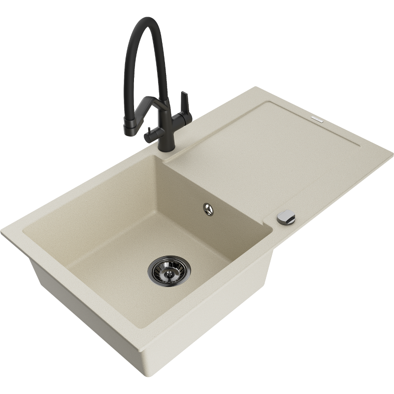 Mexen Leo granite sink 1-bowl with drainer and Duo kitchen tap, beige - 6501-69-671701-70-B