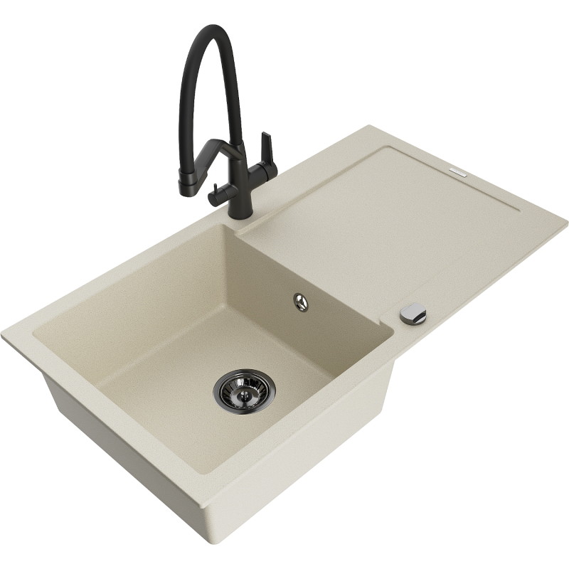 Mexen Leo granitische spoelbak met 1 kamer, druiprek en keukenmengkraan Duo, beige - 6501-69-671701-70-B